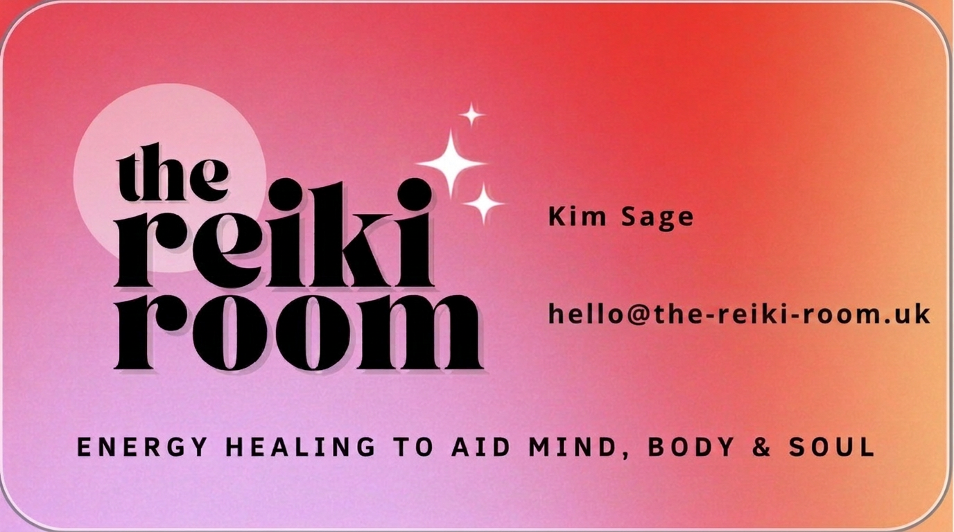 The Reiki Room business card — Kim Sage, hello@the-reiki-room.uk, energy healing to aid mind, body and soul