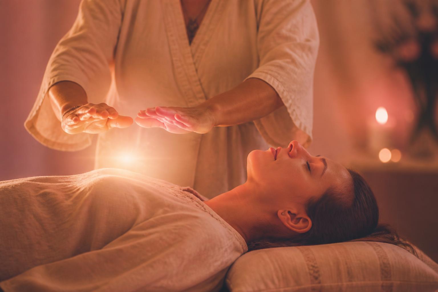 A peaceful reiki session — hands gently channeling warm healing energy above a relaxed client