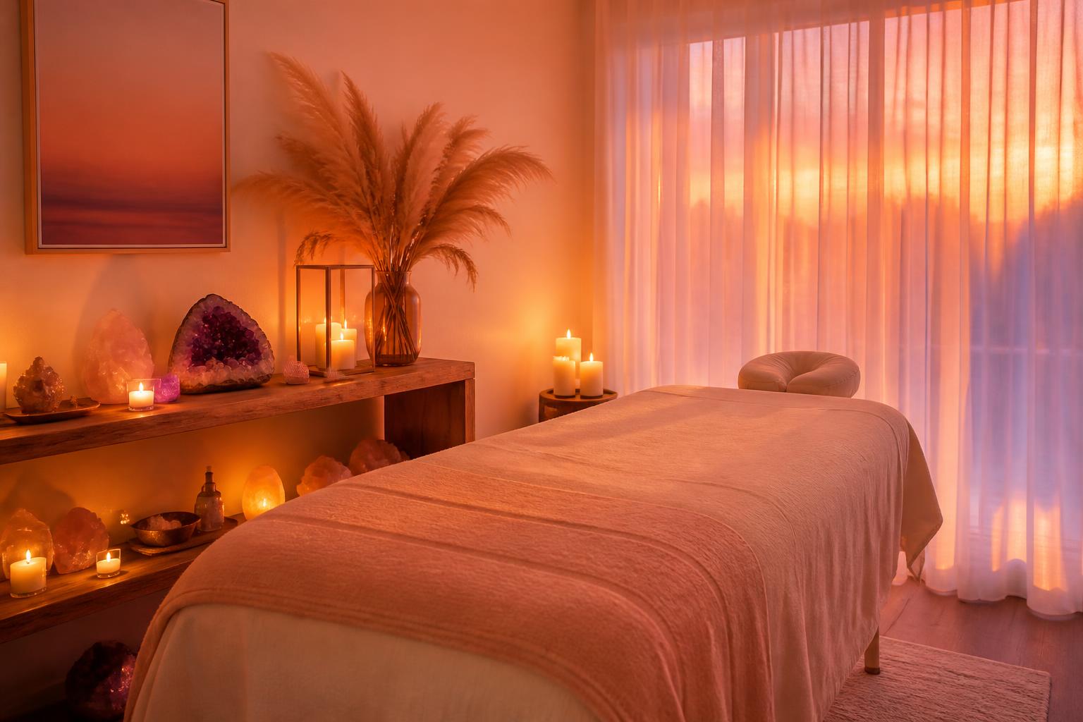 The warm, candle-lit treatment room with soft linens, glowing salt lamps and crystals